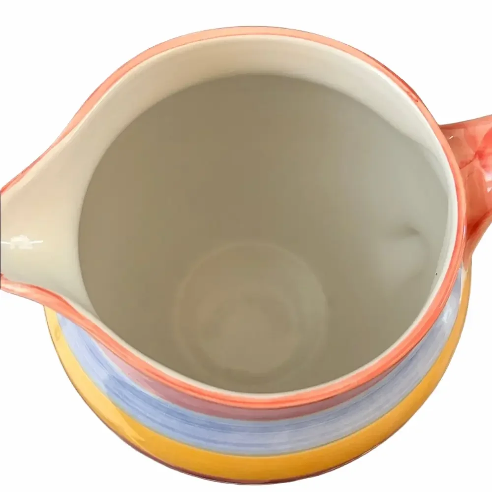 Vintage Alcobaca Portugal 7” striped Pitcher in vivid colors.
